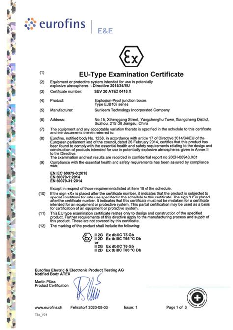 Range 9000 Junction Box ATEX certificate 